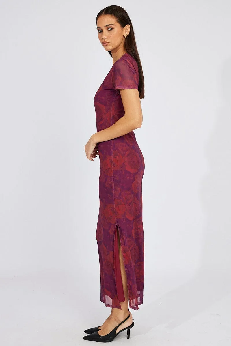 Red Floral Maxi Dress Short Sleeve Crew Neck Bodycon Mesh sold by Ally Fashion product image thumbnail 5