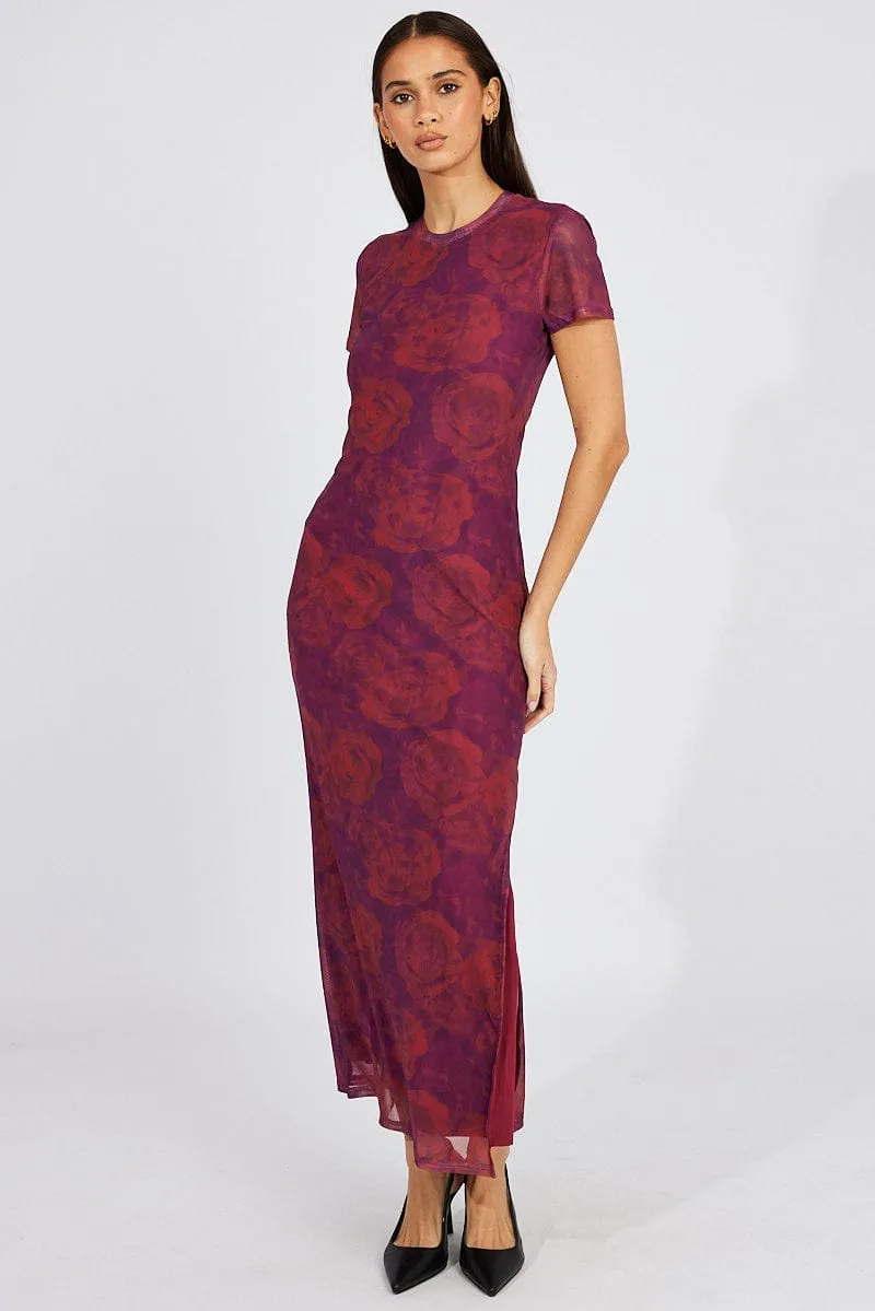 Red Floral Maxi Dress Short Sleeve Crew Neck Bodycon Mesh sold by Ally Fashion product image thumbnail 2