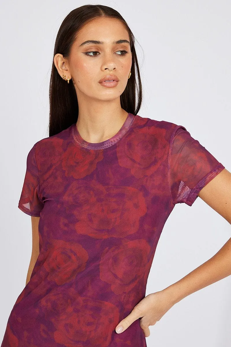 Red Floral Maxi Dress Short Sleeve Crew Neck Bodycon Mesh sold by Ally Fashion product image thumbnail 3