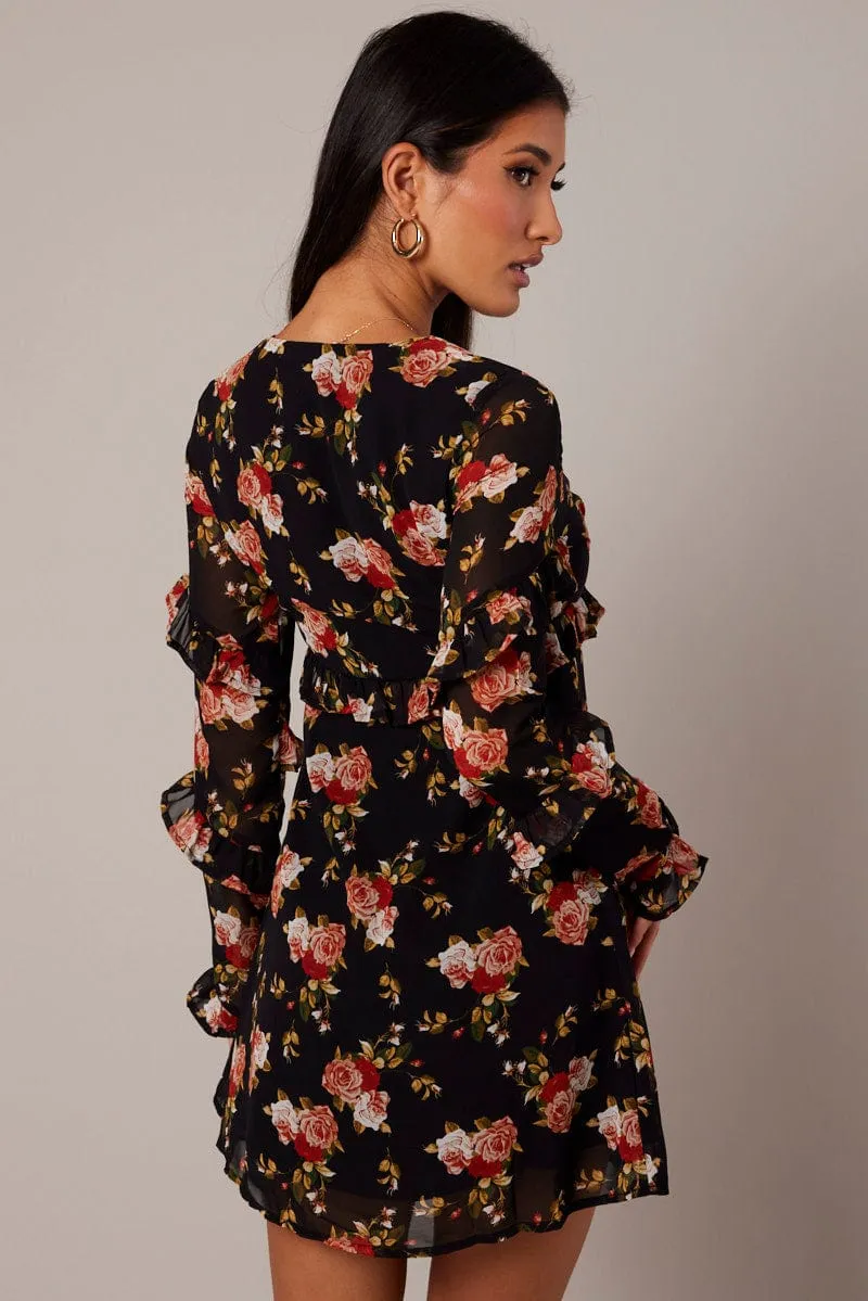 Black Floral Smock Dress Ruffle Sleeve Dress sold by Ally Fashion product image thumbnail 5