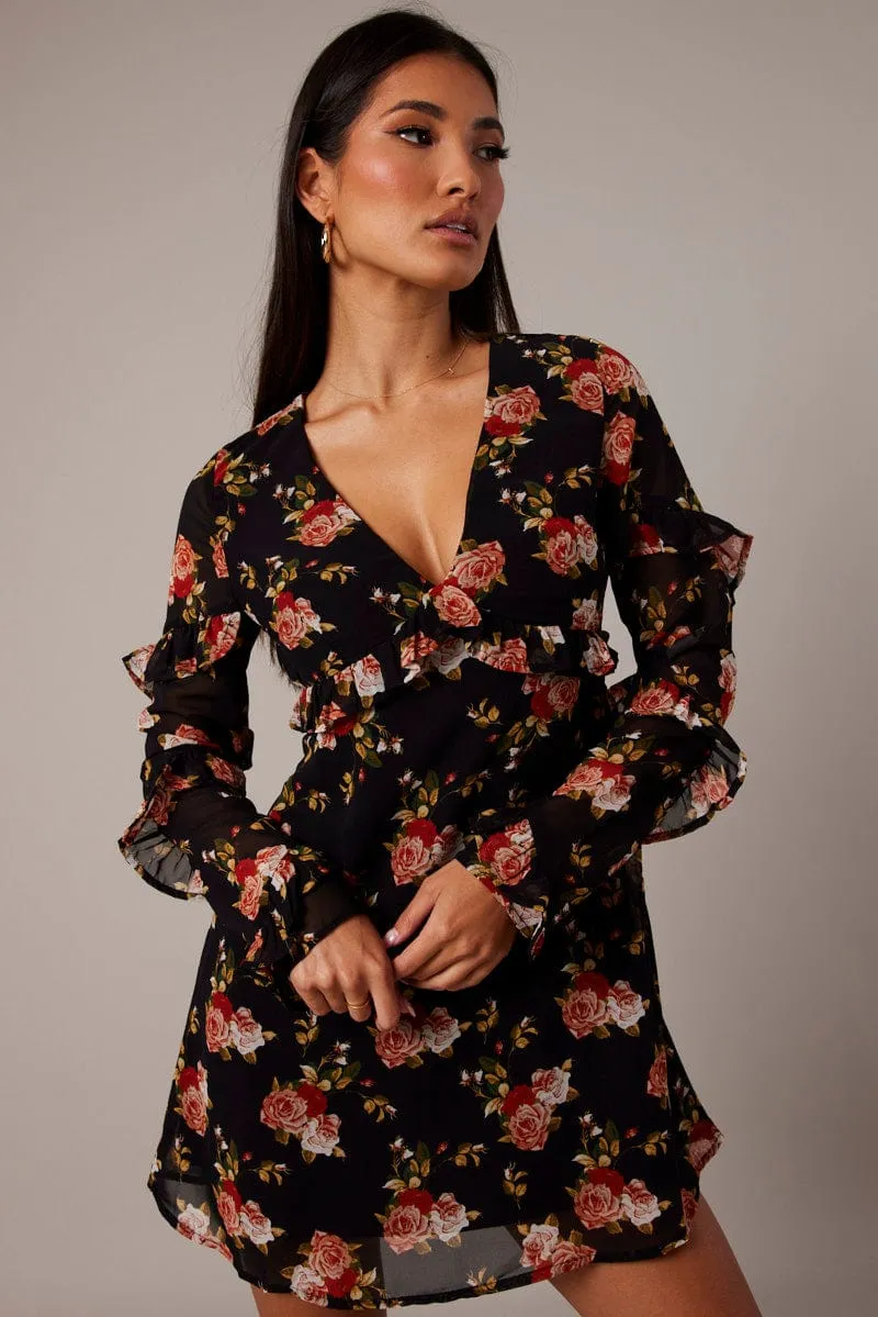 Black Floral Smock Dress Ruffle Sleeve Dress sold by Ally Fashion product image thumbnail 2