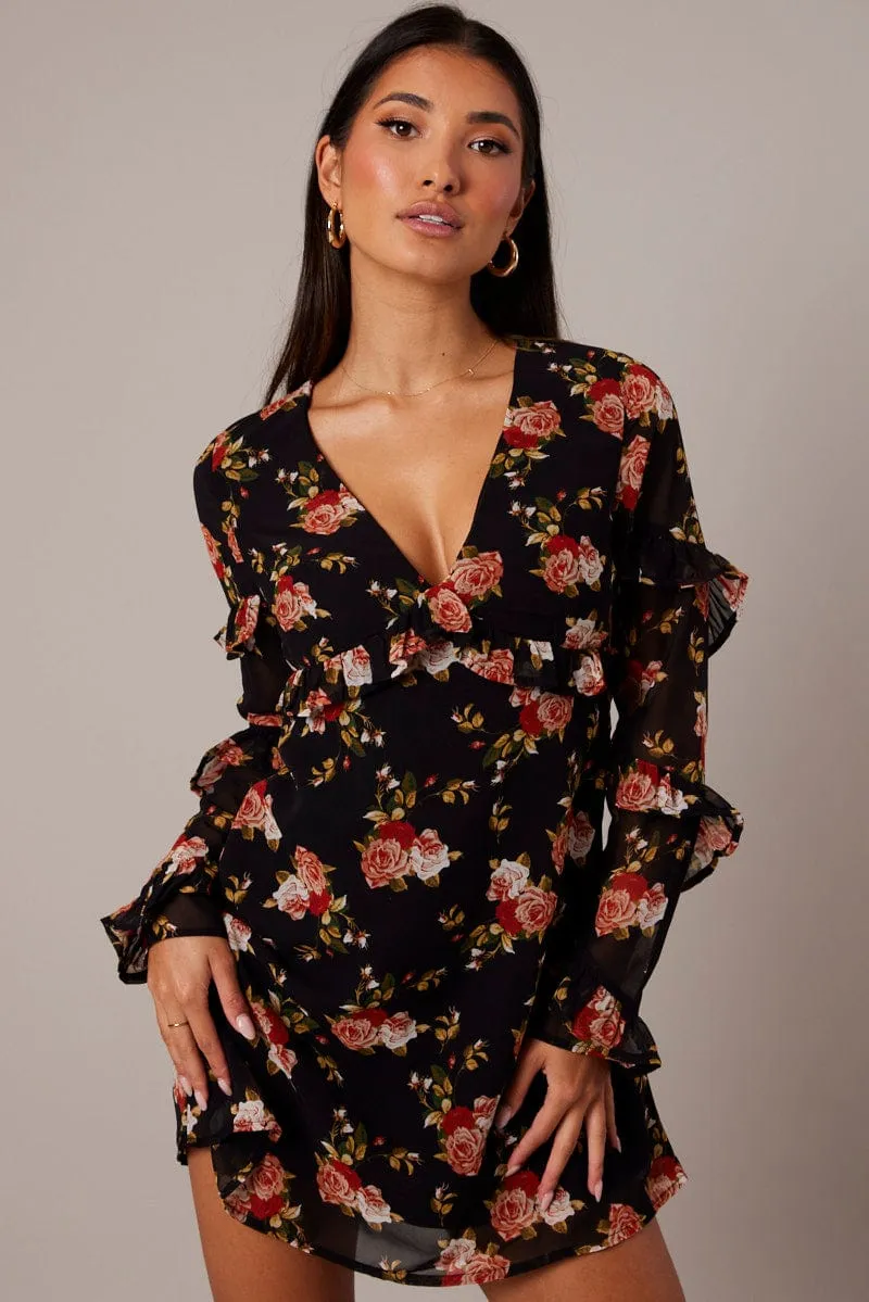 Black Floral Smock Dress Ruffle Sleeve Dress sold by Ally Fashion product image thumbnail 3