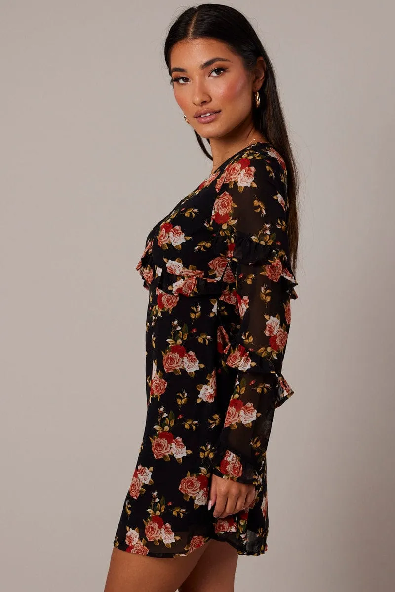 Black Floral Smock Dress Ruffle Sleeve Dress sold by Ally Fashion product image thumbnail 4