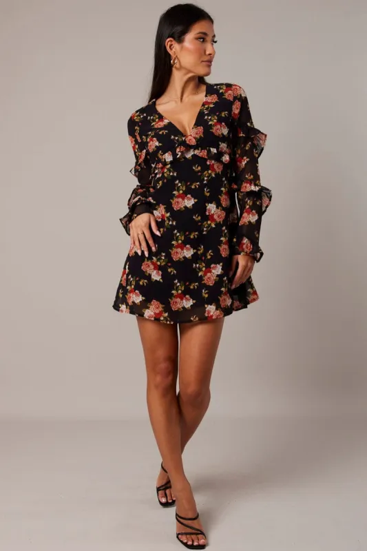 Black Floral Smock Dress Ruffle Sleeve Dress sold by Ally Fashion