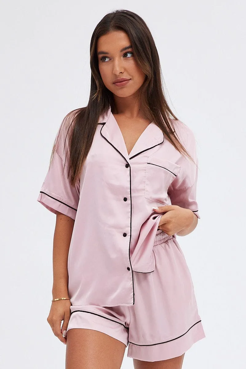 Pink Satin Pj Piping Button Through Pyjama Set sold by Ally Fashion product image thumbnail 3