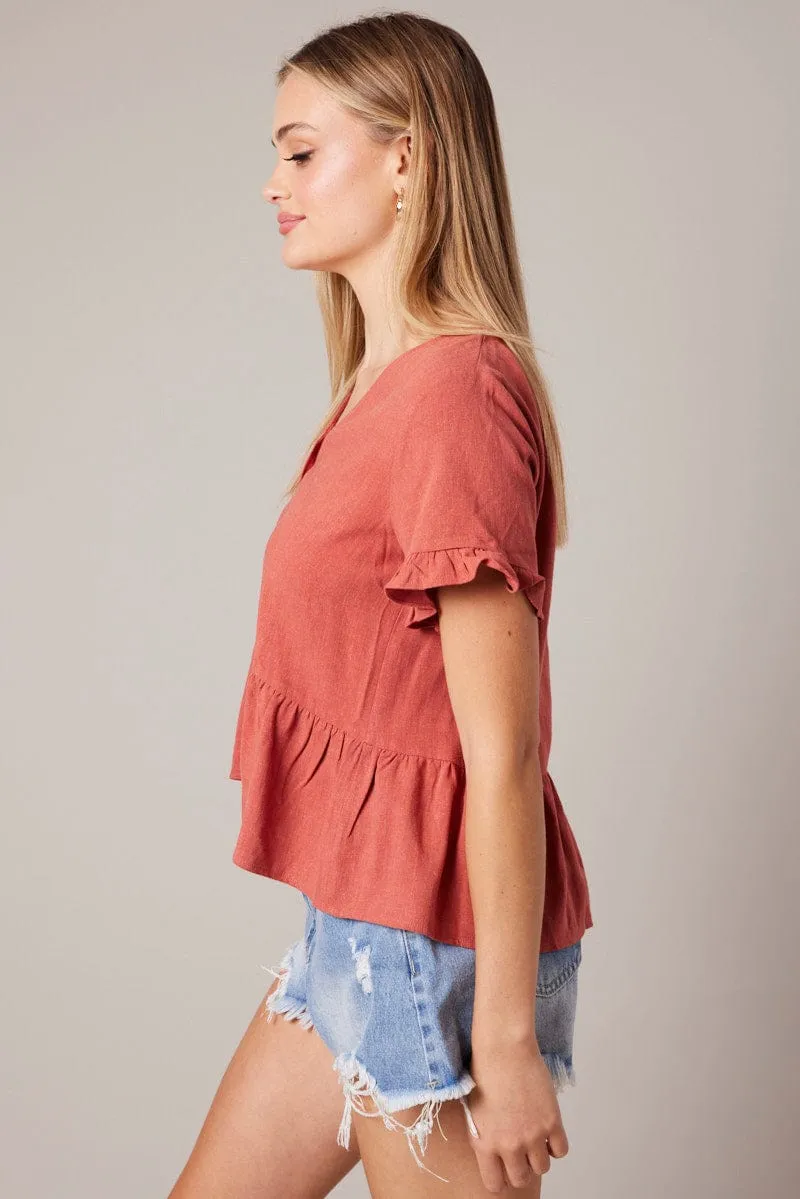 Brown Button Up Top V-Neck Frill Hem Top Linen sold by Ally Fashion product image thumbnail 4