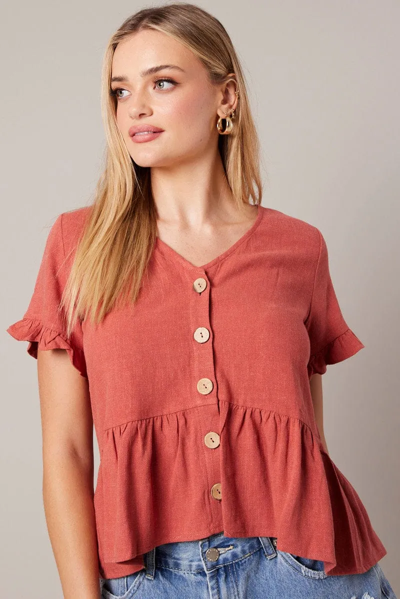 Brown Button Up Top V-Neck Frill Hem Top Linen sold by Ally Fashion