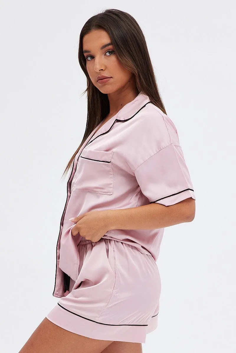 Pink Satin Pj Piping Button Through Pyjama Set sold by Ally Fashion product image thumbnail 4