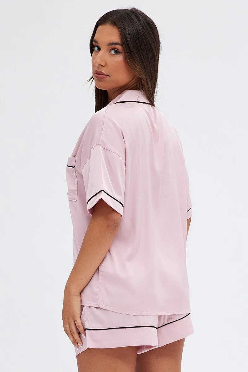 Pink Satin Pj Piping Button Through Pyjama Set sold by Ally Fashion product image thumbnail 5