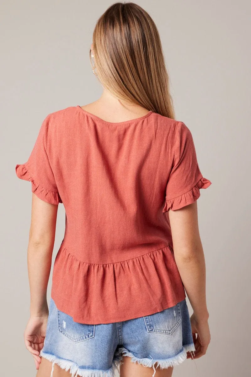 Brown Button Up Top V-Neck Frill Hem Top Linen sold by Ally Fashion product image thumbnail 5