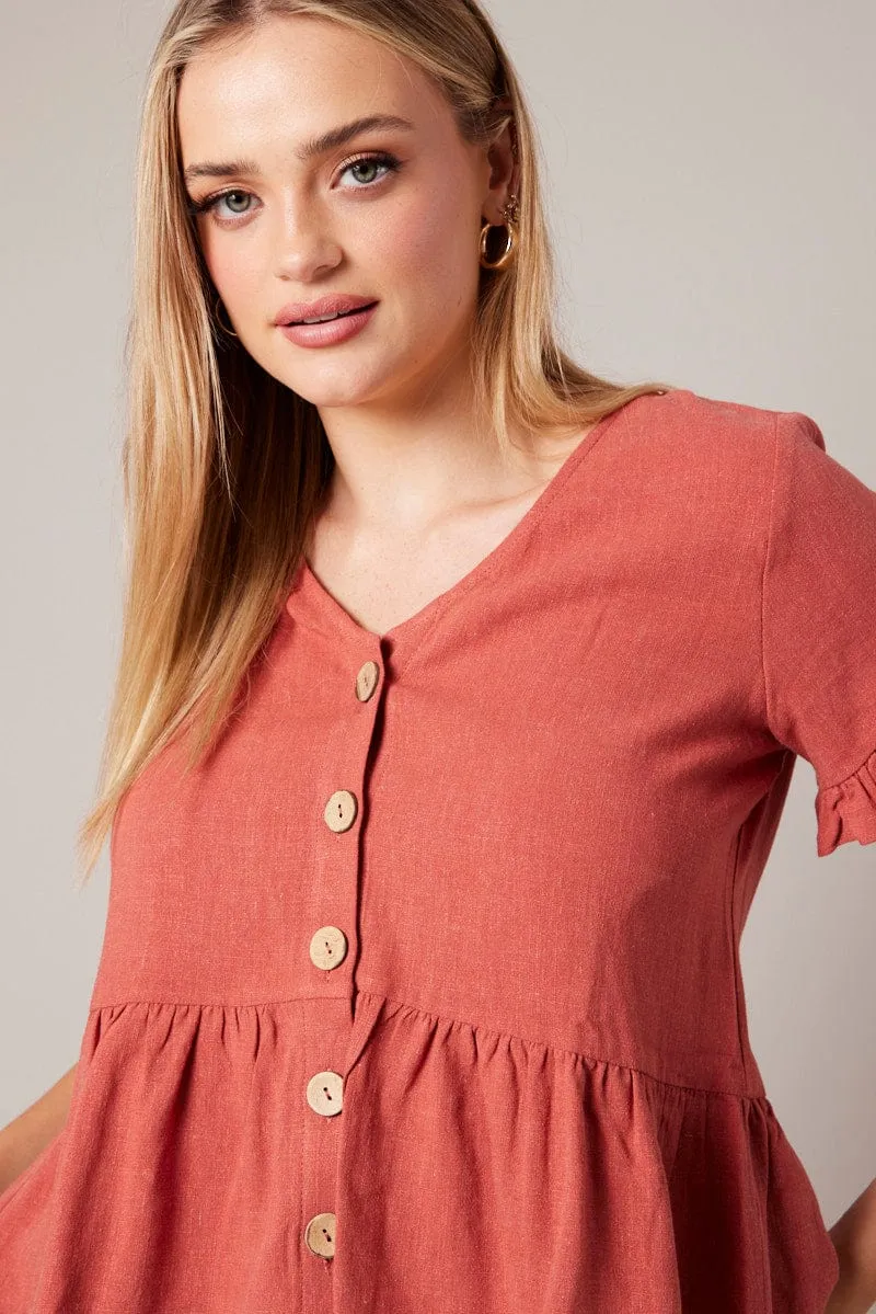 Brown Button Up Top V-Neck Frill Hem Top Linen sold by Ally Fashion product image thumbnail 3