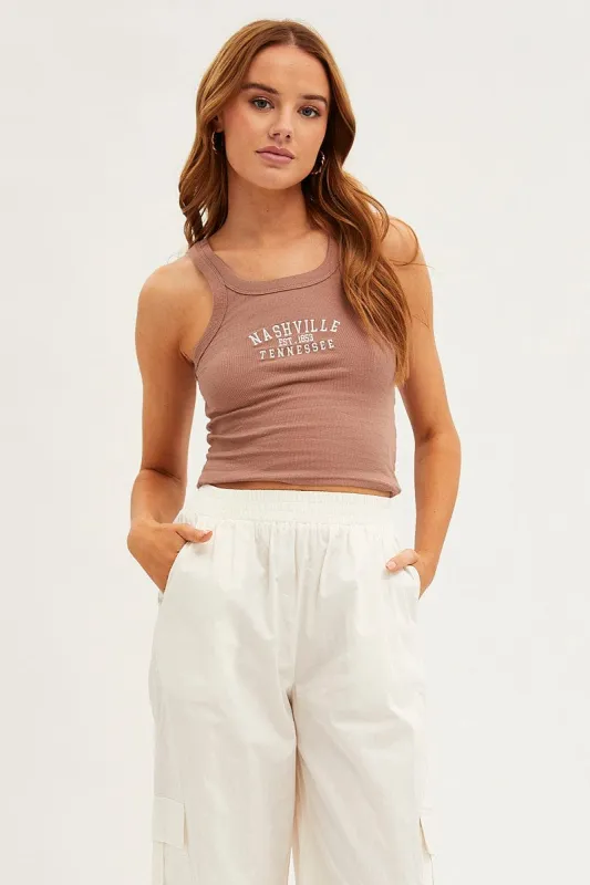 Brown Nashville Embroidered Crop Singlet Top made by Ally Fashion