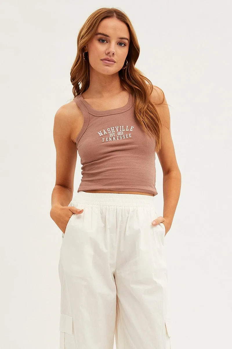 Brown Nashville Embroidered Crop Singlet Top sold by Ally Fashion