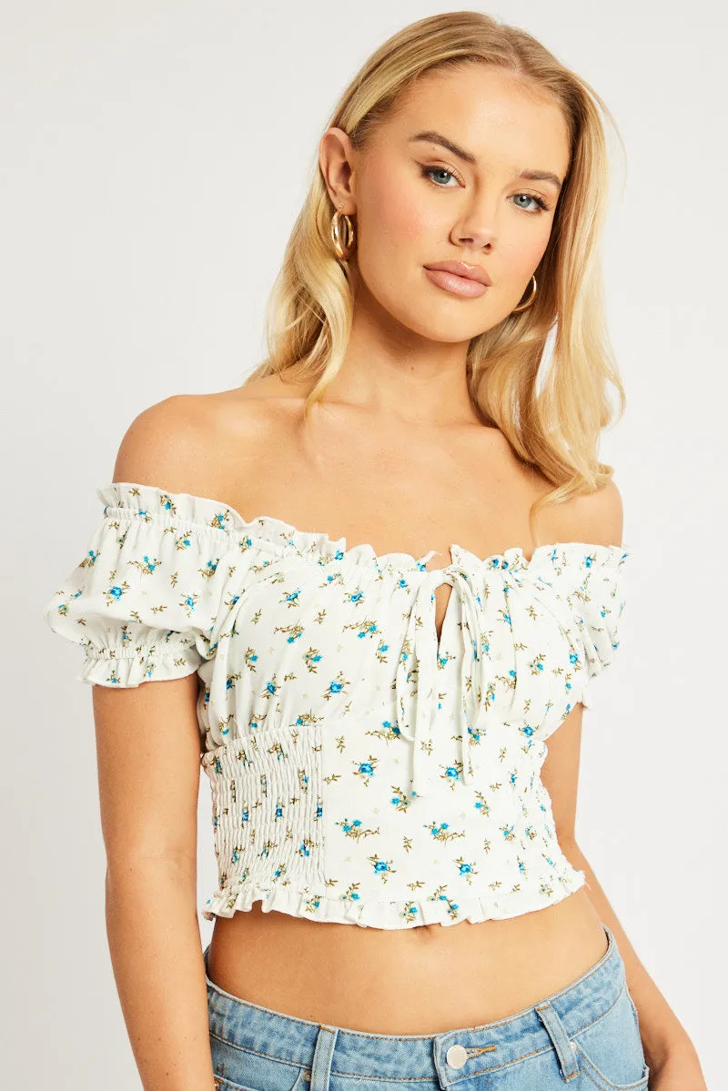 White Ditsy Crop Top Short Sleeve Ruched Bust sold by Ally Fashion product image thumbnail 3
