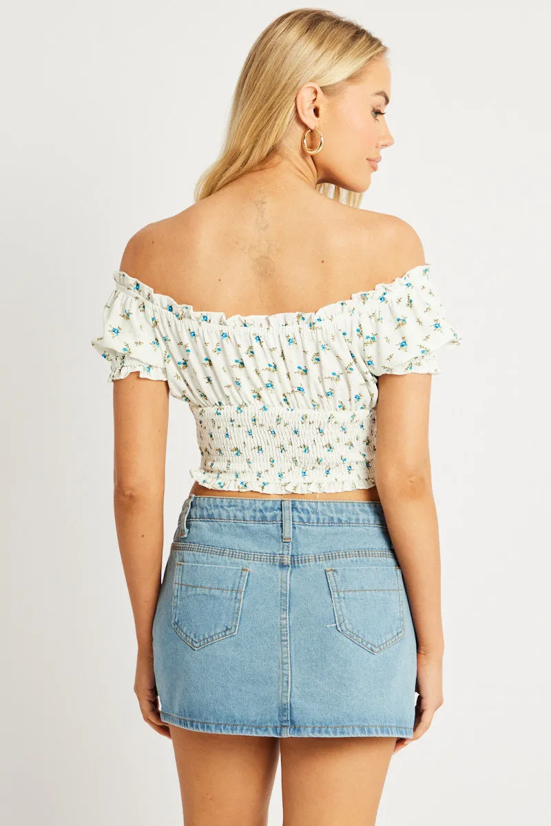 White Ditsy Crop Top Short Sleeve Ruched Bust sold by Ally Fashion product image thumbnail 5