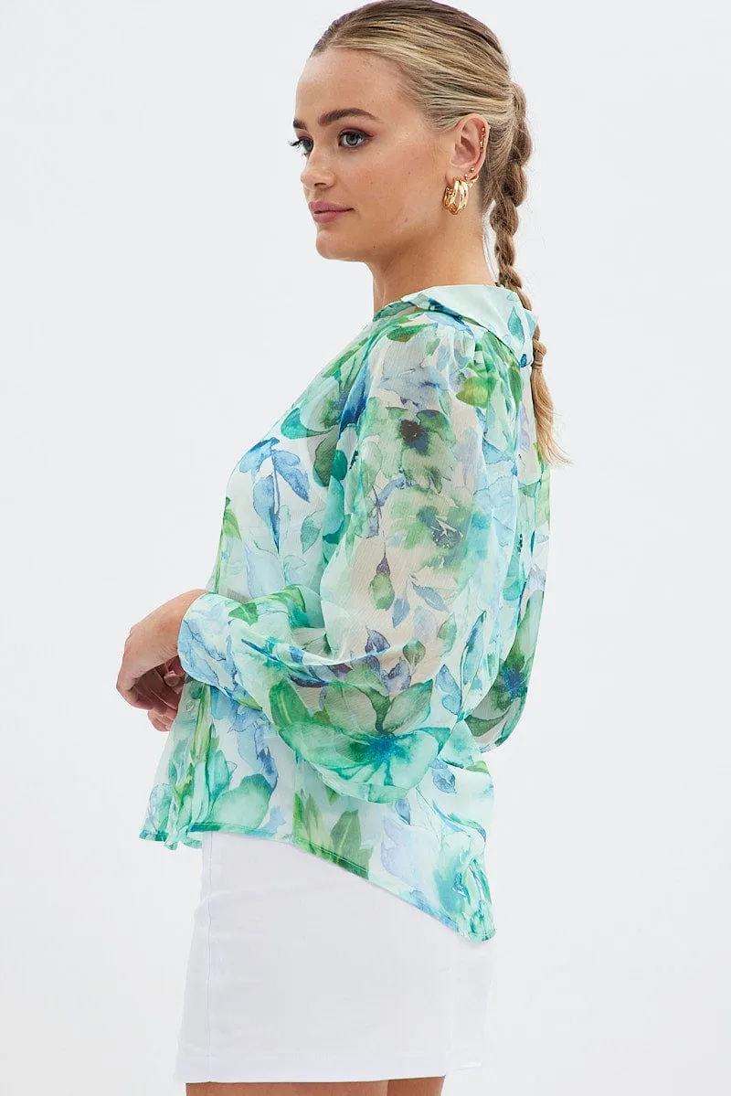 Green Floral Long Sleeve Shirt Chiffon Collared sold by Ally Fashion product image thumbnail 4