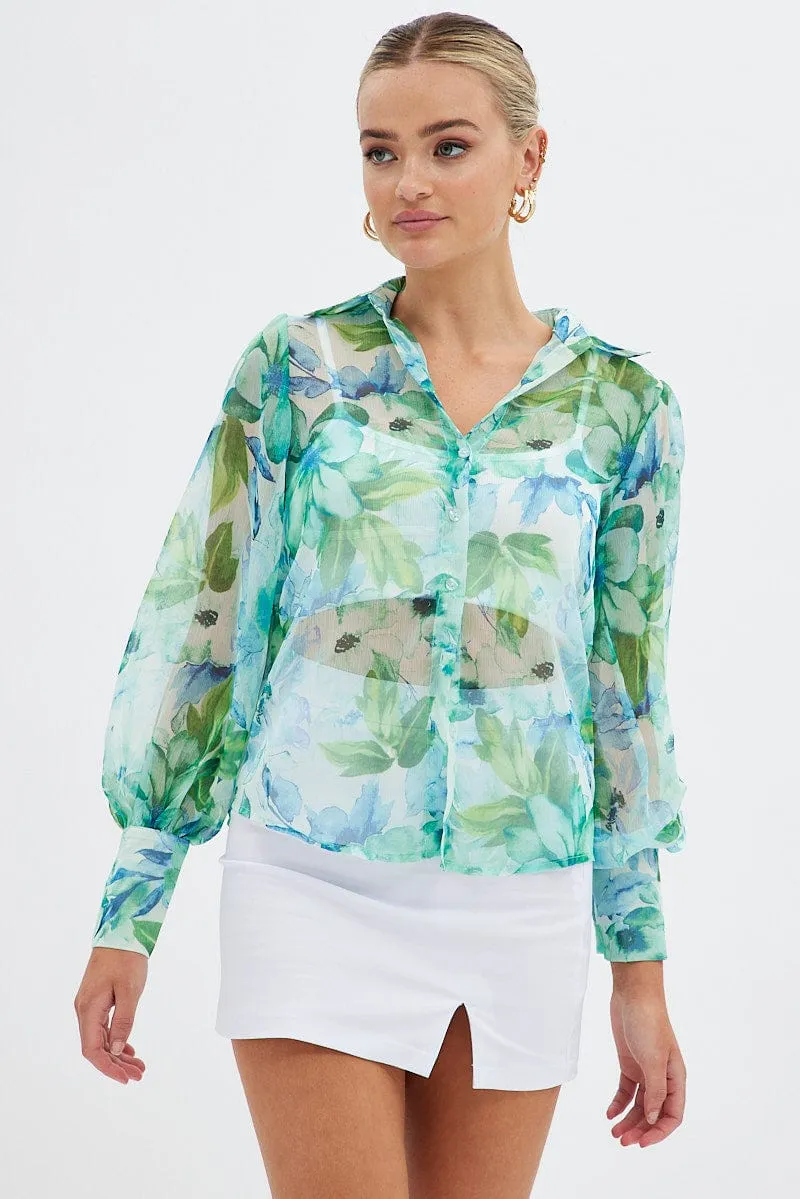 Green Floral Long Sleeve Shirt Chiffon Collared sold by Ally Fashion