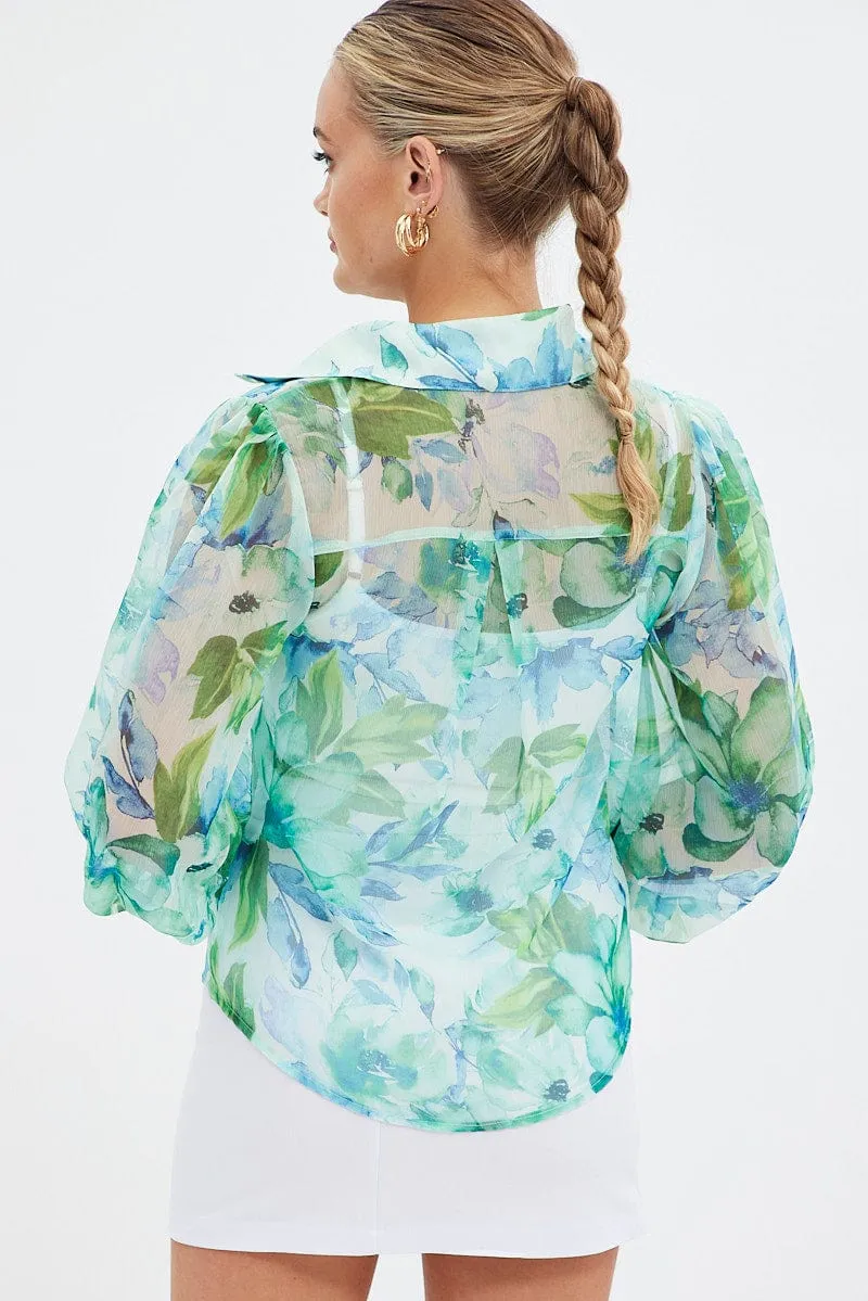 Green Floral Long Sleeve Shirt Chiffon Collared sold by Ally Fashion product image thumbnail 5