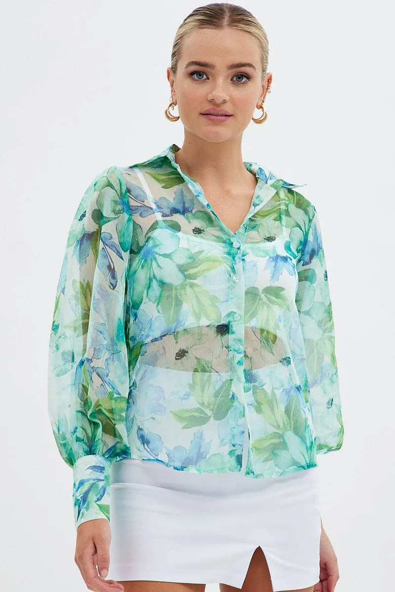 Green Floral Long Sleeve Shirt Chiffon Collared sold by Ally Fashion product image thumbnail 3