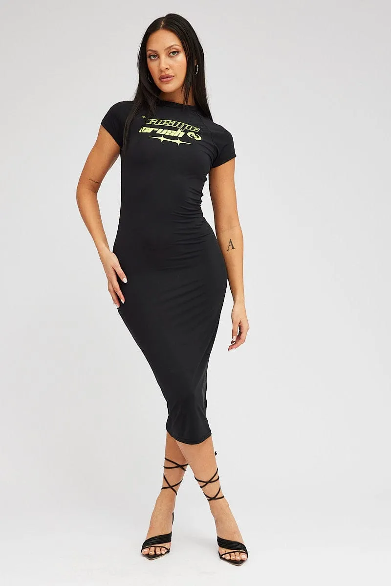 Black Midi Dress Short Sleeve Crew Neck Bodycon Graphic sold by Ally Fashion product image thumbnail 3