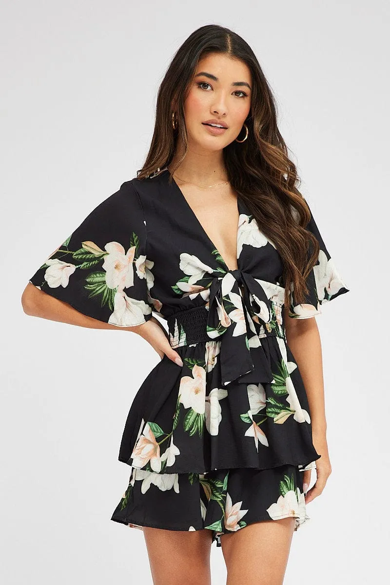 Black Floral Fit And Flare Playsuit sold by Ally Fashion