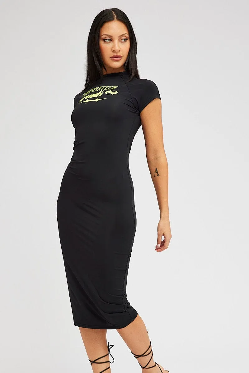 Black Midi Dress Short Sleeve Crew Neck Bodycon Graphic sold by Ally Fashion product image thumbnail 2