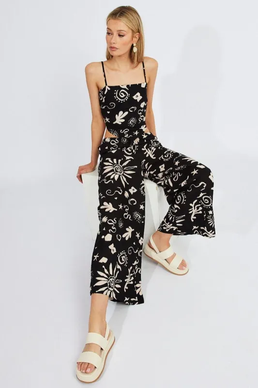 Black Abstract Wide Leg Pants High Rise Linen Blend sold by Ally Fashion