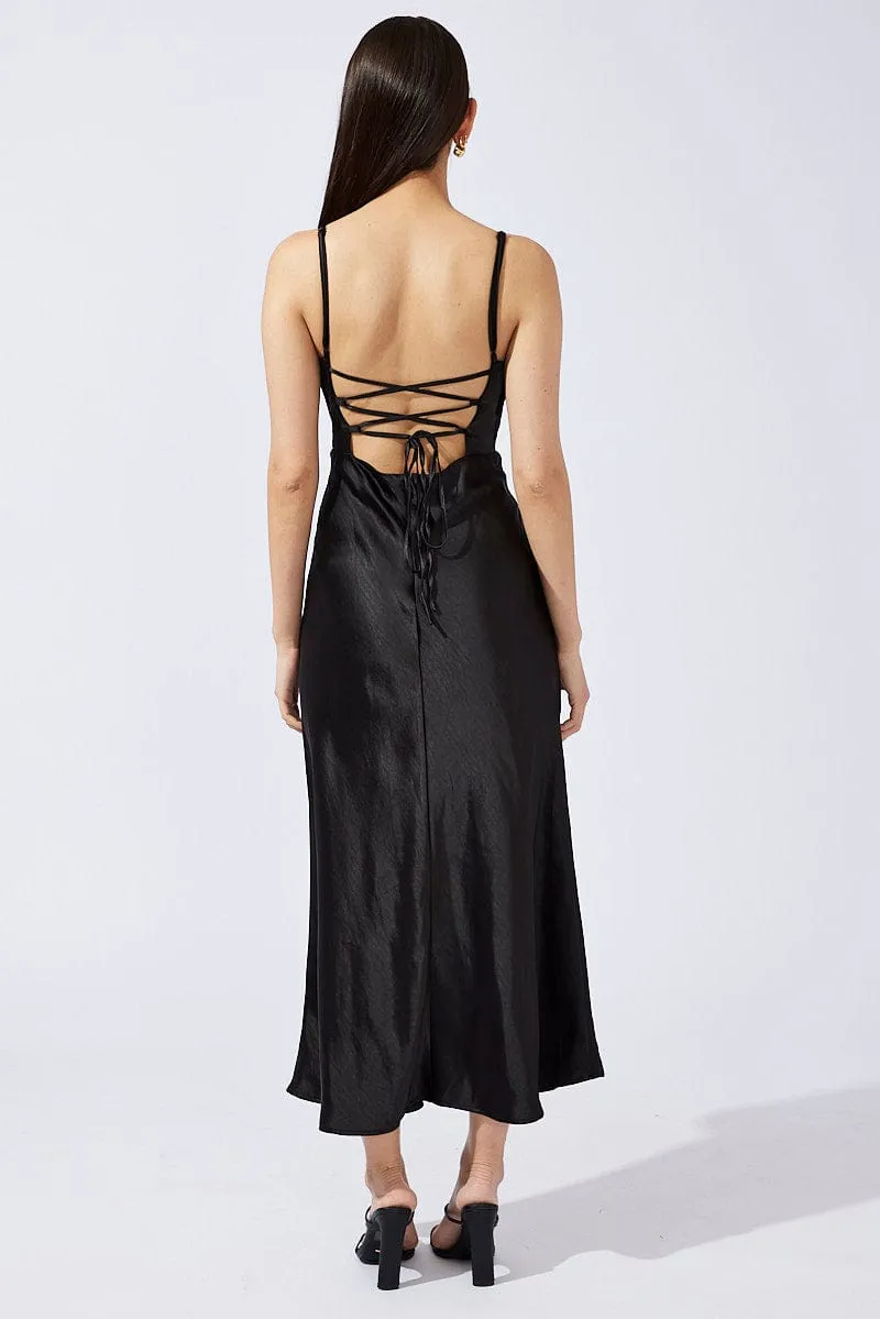 Black Midi Dress Sleeveless Cowl Neck Satin Slip Lace sold by Ally Fashion product image thumbnail 5