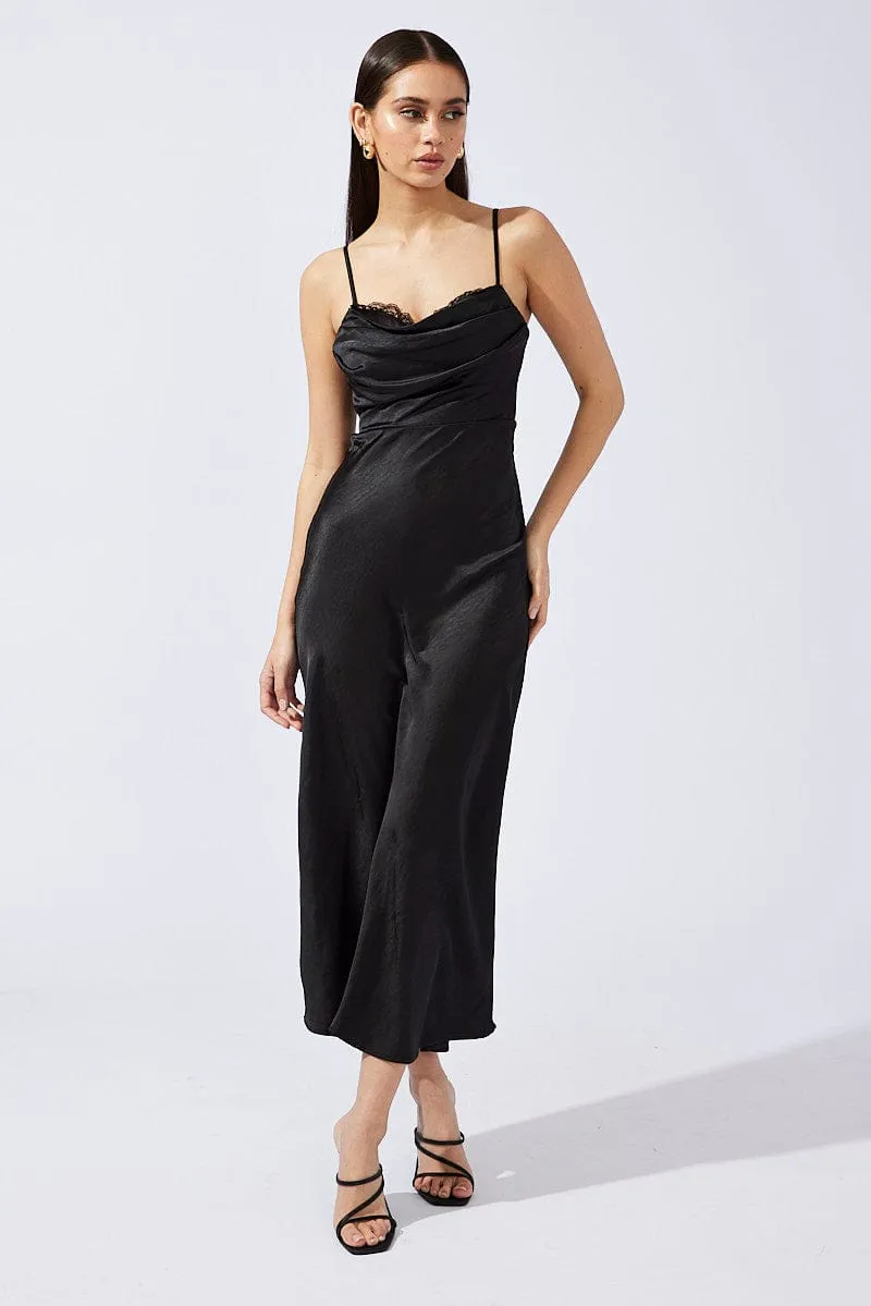 Black Midi Dress Sleeveless Cowl Neck Satin Slip Lace sold by Ally Fashion product image thumbnail 2