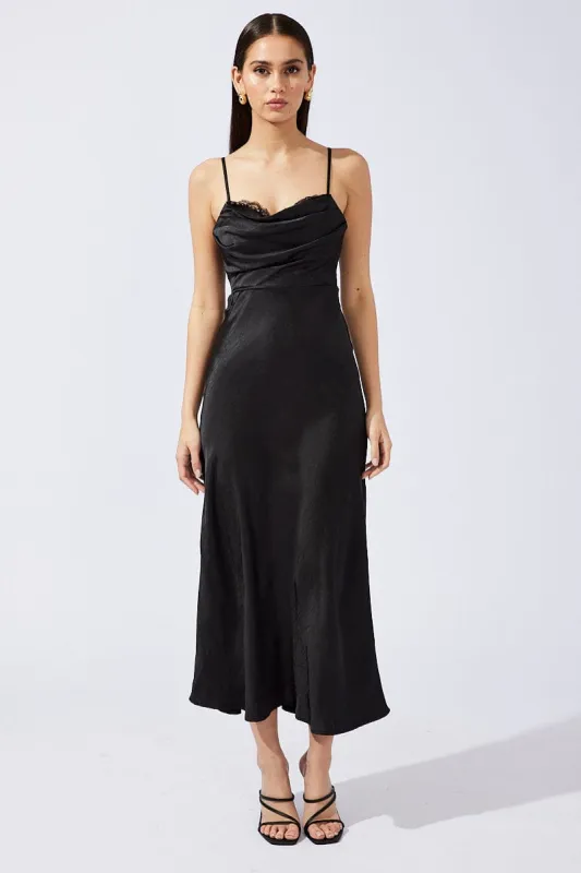 Black Midi Dress Sleeveless Cowl Neck Satin Slip Lace sold by Ally Fashion