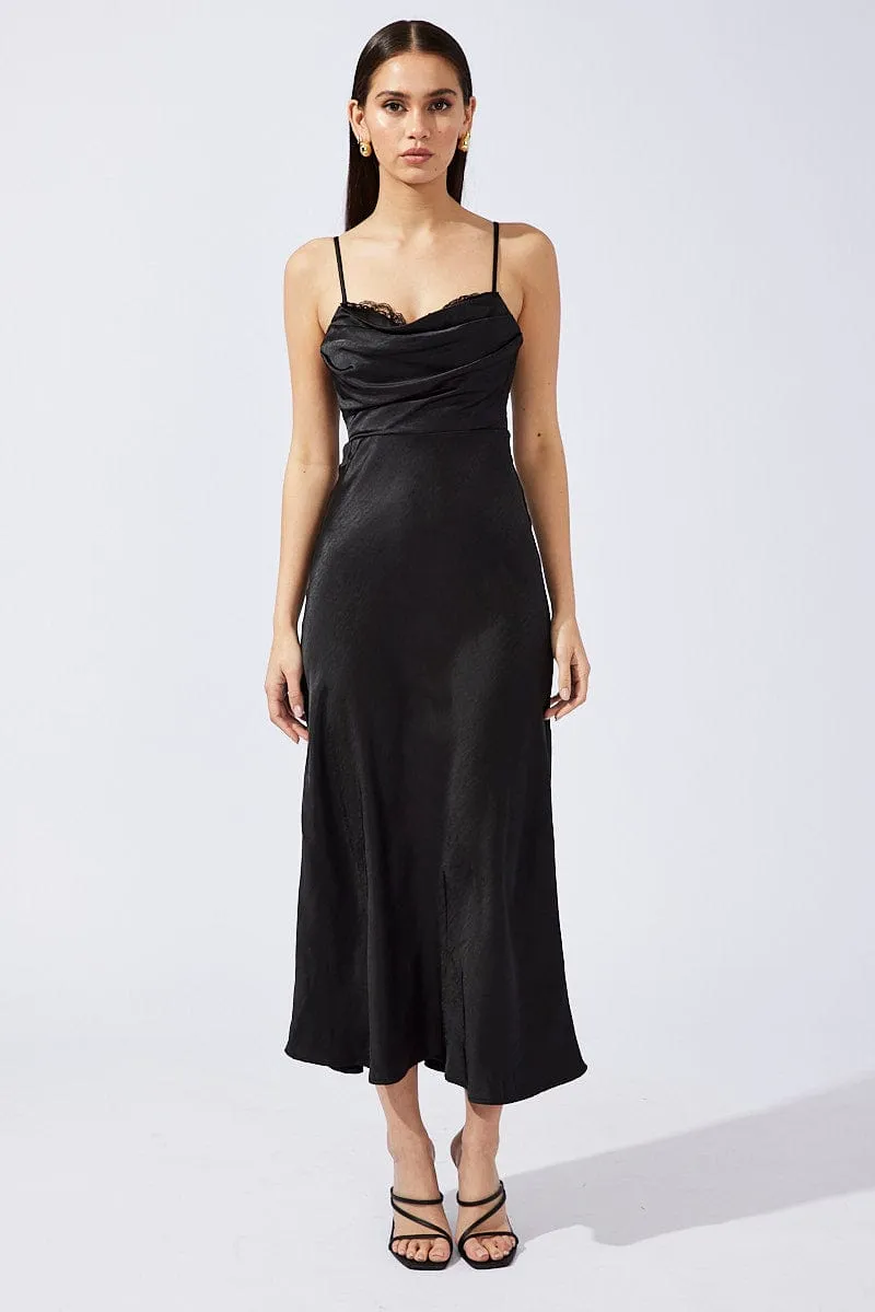 Black Midi Dress Sleeveless Cowl Neck Satin Slip Lace sold by Ally Fashion