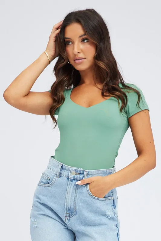 Green Bodysuit Long Sleeve Square Neck sold by Ally Fashion
