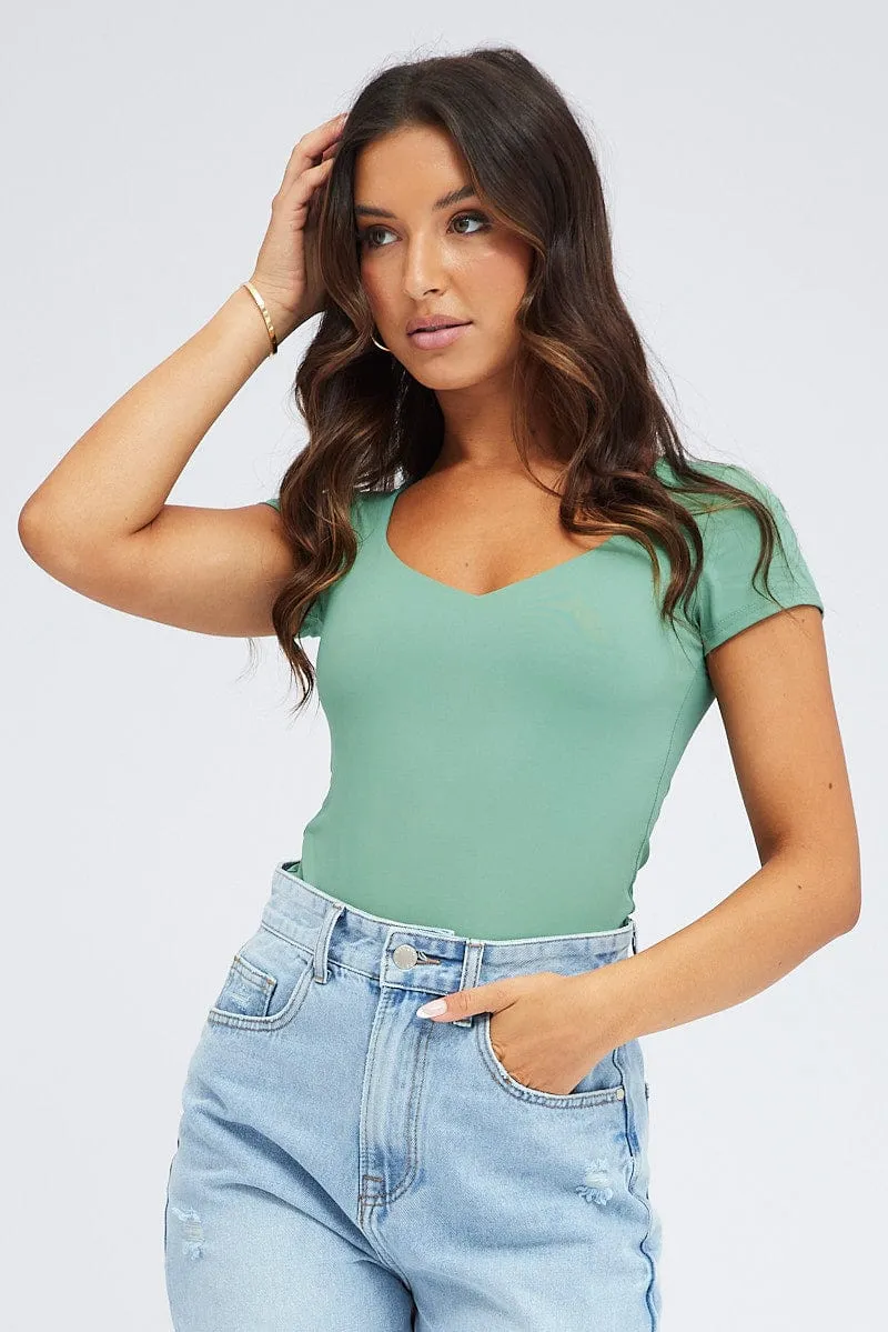 Green Bodysuit Long Sleeve Square Neck sold by Ally Fashion
