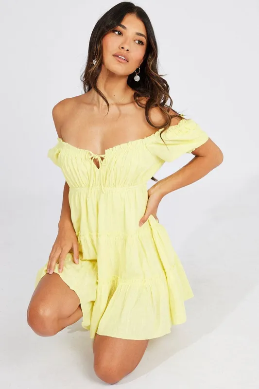 Yellow Fit And Flare Dress Puff Sleeve Mini sold by Ally Fashion