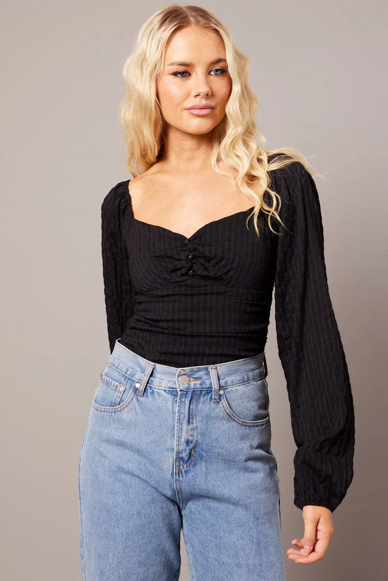 Black Bodysuit Long Sleeve Ruched Textured sold by Ally Fashion