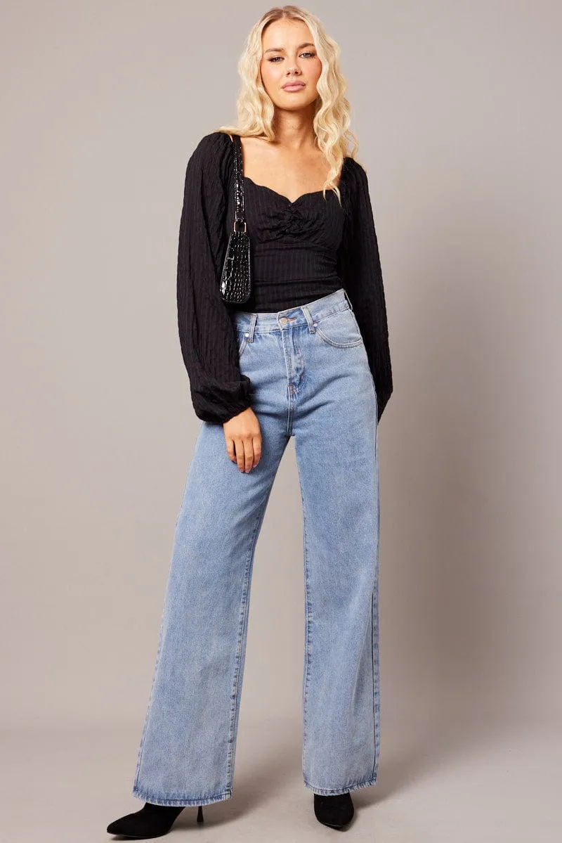 Black Bodysuit Long Sleeve Ruched Textured sold by Ally Fashion product image thumbnail 2