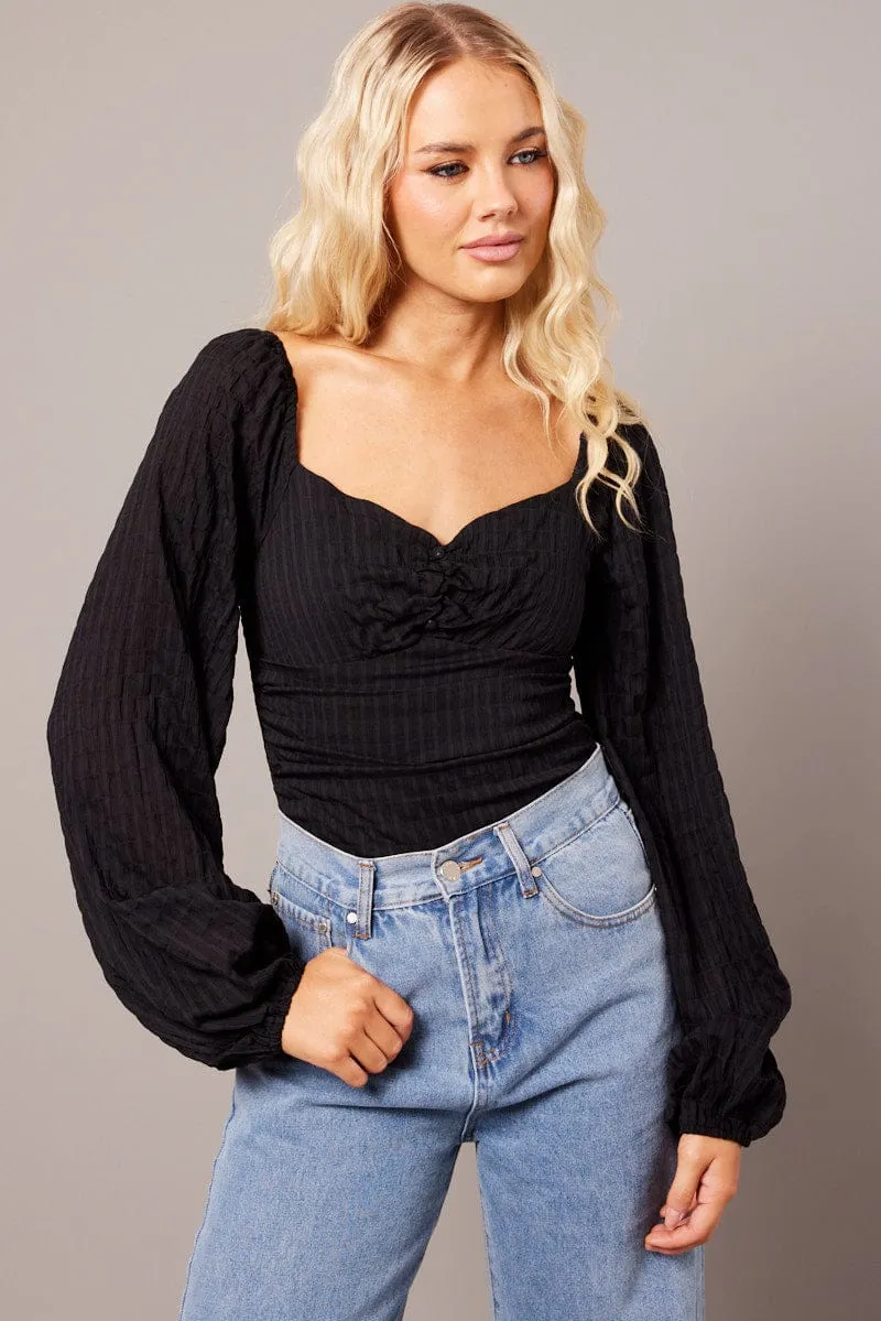 Black Bodysuit Long Sleeve Ruched Textured sold by Ally Fashion product image thumbnail 3