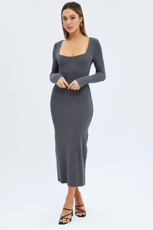Grey Midi Dress Long Sleeve Bodycon Ribbed sold by Ally Fashion