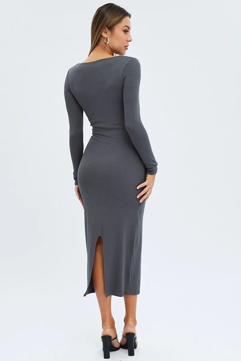 Grey Midi Dress Long Sleeve Bodycon Ribbed sold by Ally Fashion product image thumbnail 5
