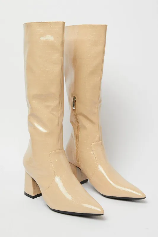 Beige Knee High Boots in Patent Faux Croc sold by Ally Fashion