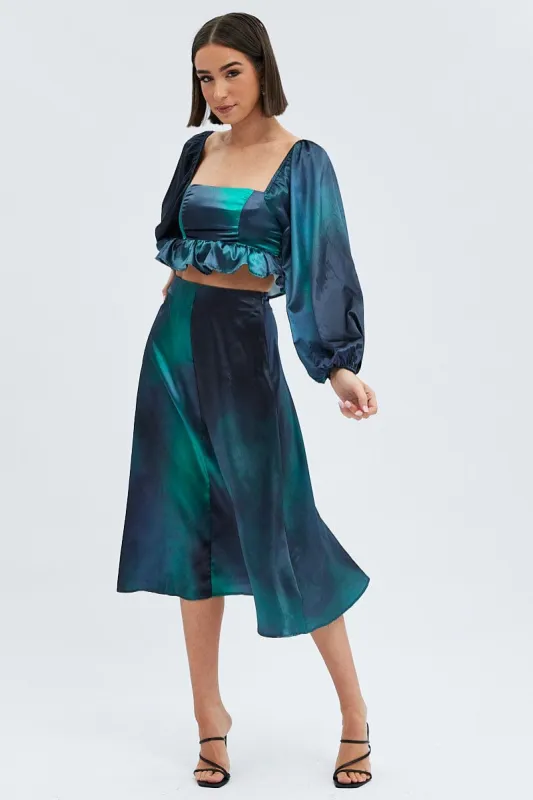 Green Print Midi Skirt High Waisted A-line Panelled Satin sold by Ally Fashion