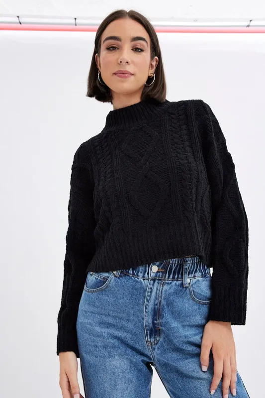 Black Cable Knit Jumper Long Sleeve sold by Ally Fashion