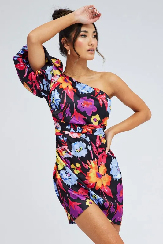 Multi Floral One Shoulder Puff Sleeve Statement Mini Dress sold by Ally Fashion