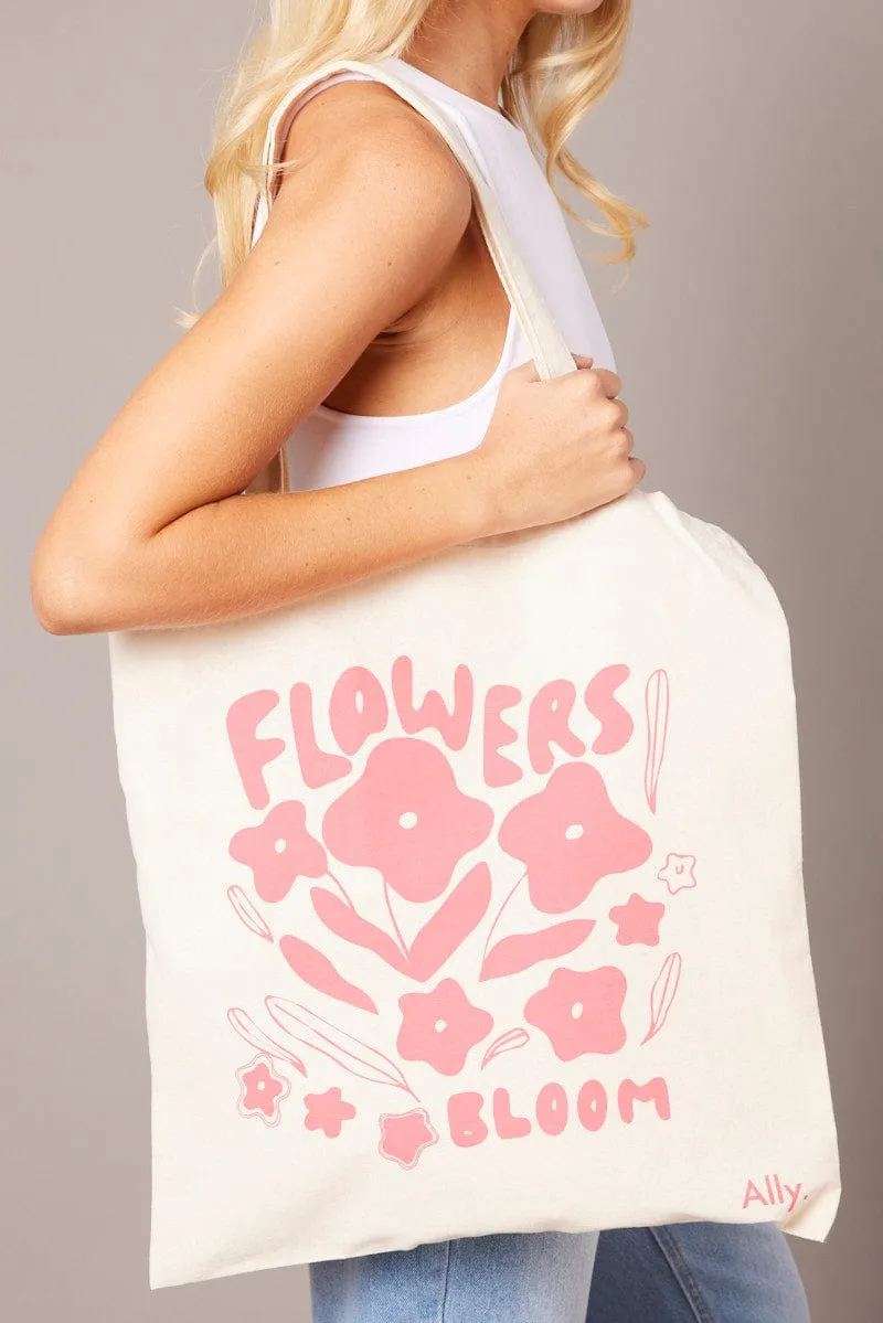 Pink Print Tote Bag Printed Flowers Bloom sold by Ally Fashion