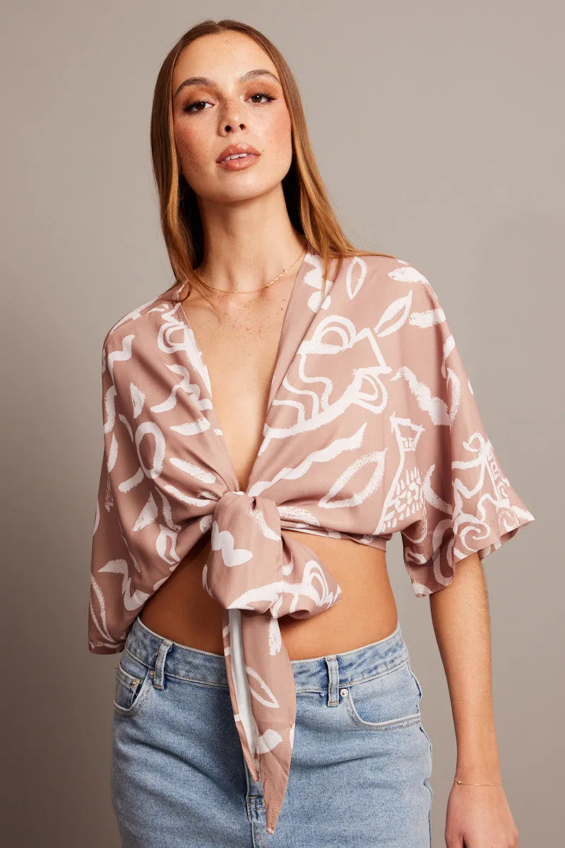 Beige Abstract Tie Up Bolero Short Sleeve sold by Ally Fashion product image thumbnail 3