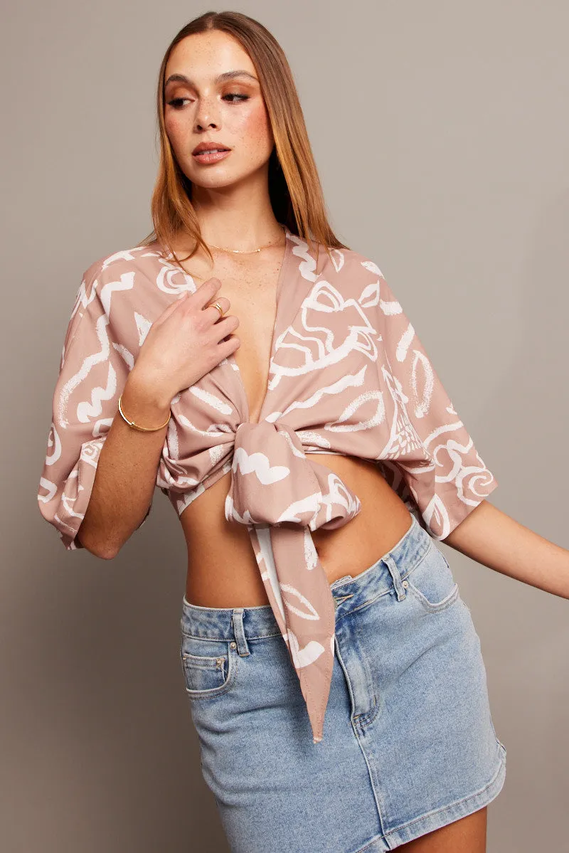 Beige Abstract Tie Up Bolero Short Sleeve sold by Ally Fashion