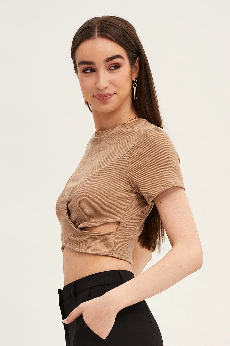 Brown Crop Top Short Sleeve Rib sold by Ally Fashion product image thumbnail 4