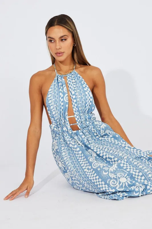 Blue Abstract Maxi Dress Halter Neck sold by Ally Fashion
