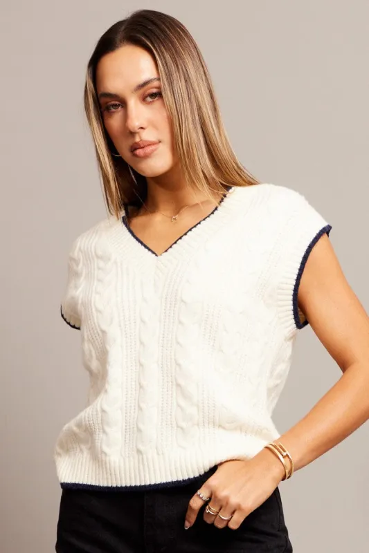White Knit Vest V Neck sold by Ally Fashion