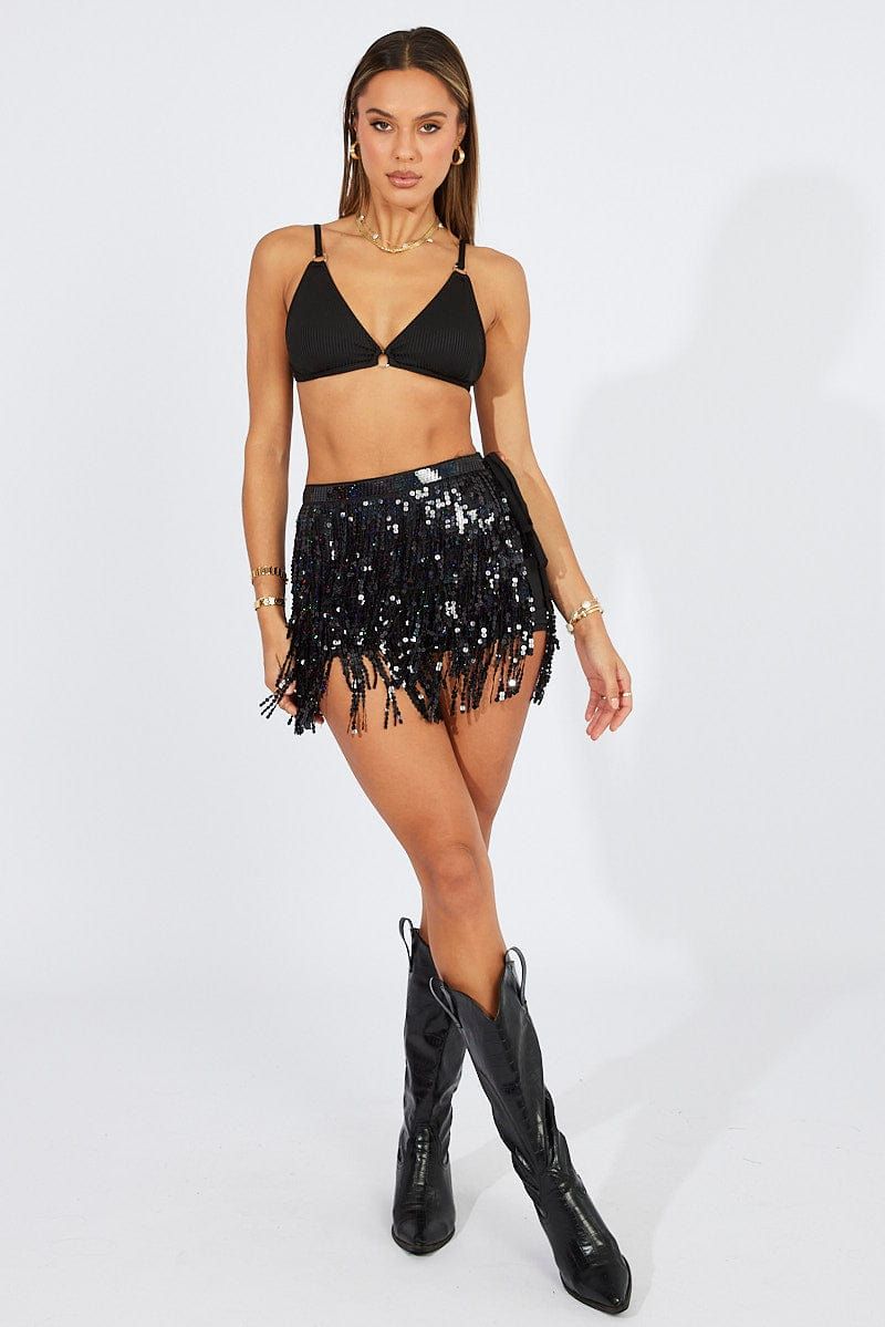 Black Sequin Fringe Trim Knot Side Festival Skirt sold by Ally Fashion product image thumbnail 2